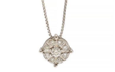 A diamond pendant set with nine brilliant-cut diamonds totalling app. 0.15 ct., mounted in 18k white gold, on an 18k white gold necklace. (2)