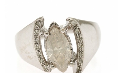 A diamond ring set with a marquise-cut diamond and numerous brilliant-cut diamonds, mounted in 14k white gold. Size 52.