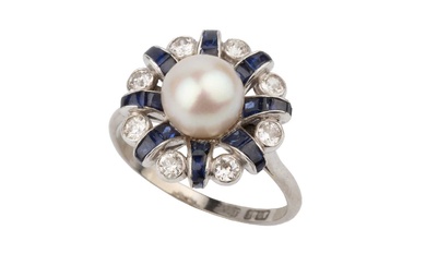 A diamond, sapphire and cultured pearl dress ring, the central...