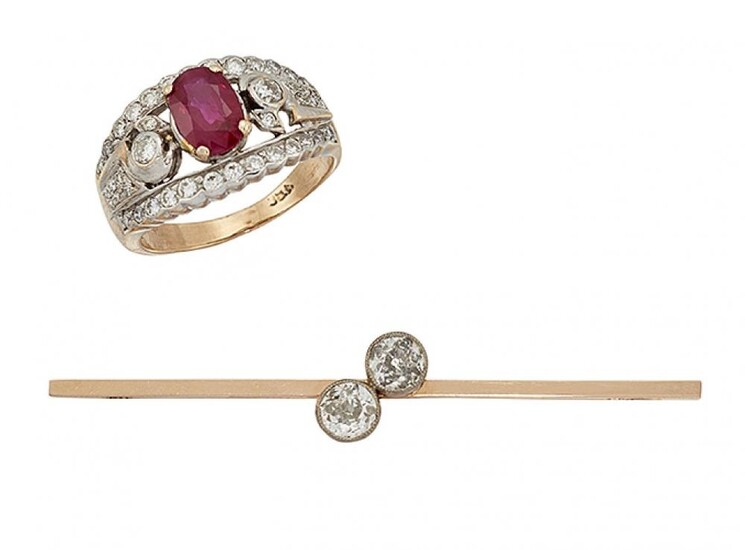 A diamond two stone bar brooch and...