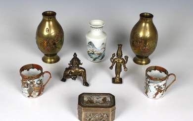 A group of Oriental wares - A pair of small Japanese mixed metal and bronze relief design vases
