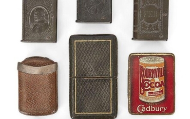 A group of eight vesta cases, early 20th century, comprising: two Edward VII Bakelite examples, 5cm high; two American Bakelite cases engraved FEU; a Cadbury Bournville tin case; a Scottish Mauchline case with Laggan House, Ballantrae; a Japonisme...