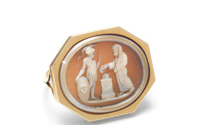 A hardstone cameo ring of a soldier with a priest, 18th century