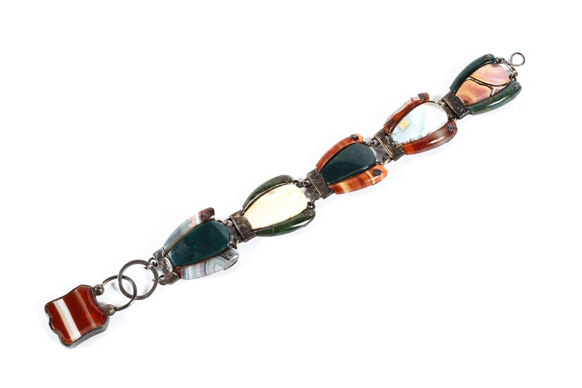 A hardstone panel bracelet, the hardstones include bloodstone, banded agate and more