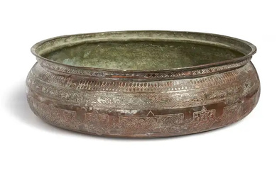 A large engraved tinned-copper bowl, Egypt or Turkey, 19th century, Of squat...