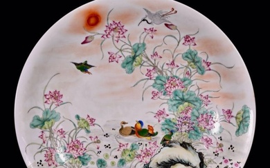 A large plate with a mandarin duck and lotus pattern from the Qianlong period of the Qing Dynasty