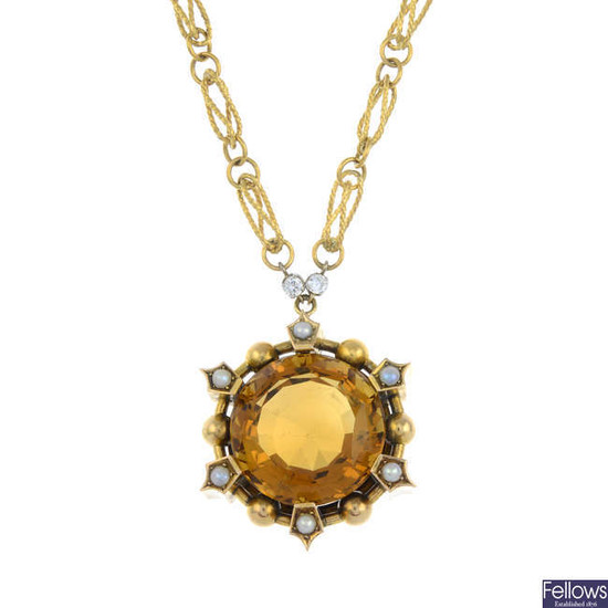 A late 19th century gold citrine and split pearl pendant, with later brilliant-cut diamond fancy-link chain.