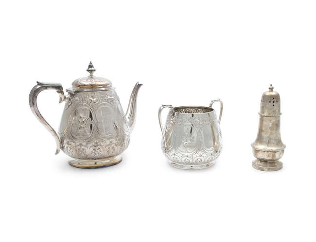 A late Victorian silver plated teapot and sugar...