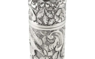 A late Victorian silver scent bottle of cylindrical form, embossed...