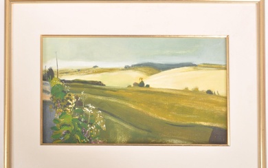 A mid-century landscape painting titled to verso in pencil 'Hooke, Dorset', depicting rolling hills, a hedgerow and electricity pylons to the far left. Unsigned. Framed oil on board in gilt frame. Painting measures 48.5cm by 26.5cm; with frame, 67.5cm...
