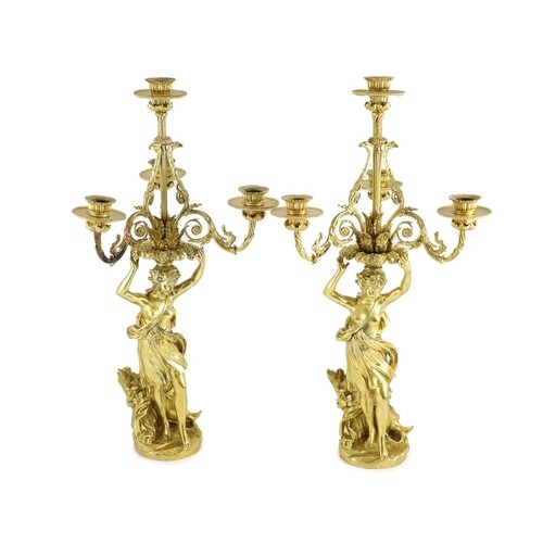 A pair French ormolu four light candelabra with scrolling fo...