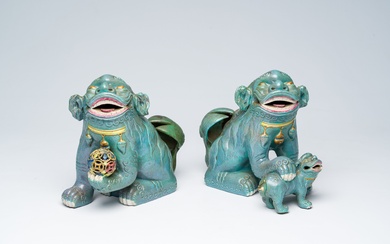 A pair of Chinese robin's egg glazed Buddhist lions, Republic, 20th C.