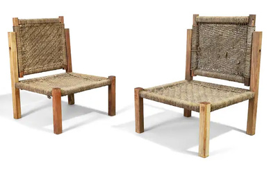 A pair of French side chairs with adjustable backrests, c.1950, teak, cord,...