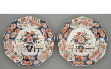 A pair of Imari nonagonal dishes, Edo period, 18th c, painte...