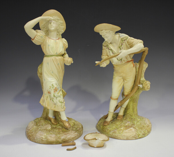 A pair of Royal Worcester porcelain blush ivory figures, circa 1893, modelled after Hadley as a gent