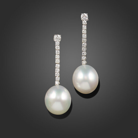 A pair of South Sea cultured pearl and diamond drop earrings