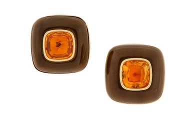 A pair of citrine and smokey quartz earclips, by Trianon for David Morris, 1988