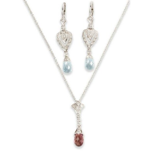 A pair of diamond and gemstone earrings and pendant