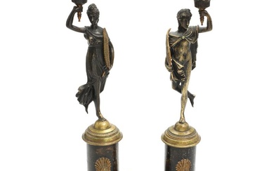 A pair of early 19th century Empire partly patinated and gilt bronze...