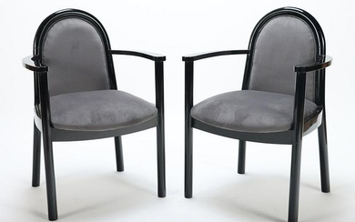 A pair of ebonized Italian arm chairs C 1980 with new fabric. Ht: 34" Wd: 23" Dpth: 21" Seat: 18.5"