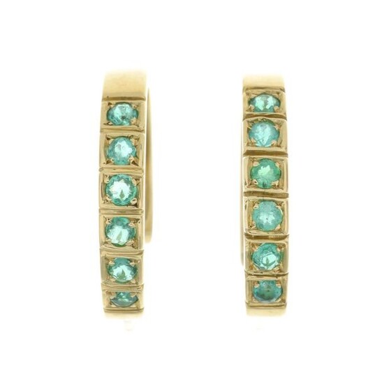 A pair of emerald hoop earrings.Length 1.9cms. 4.8gms....