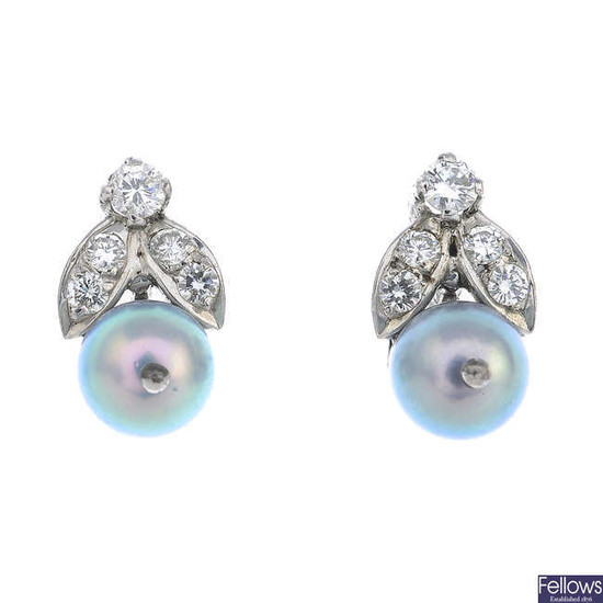 A pair of grey cultured pearl and diamond earrings.