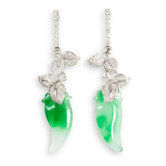 A pair of jade, diamond and eighteen karat white gold