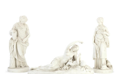 A pair of late 19th century Copeland Parian porcelain figures of 'Ruth' and 'Rebekah' and a further similar period Copeland figure of 'Ino and the infant Bacchus'