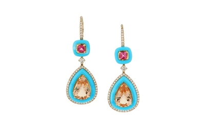 A pair of morganite, pink tourmaline, diamond and turquoise earrings