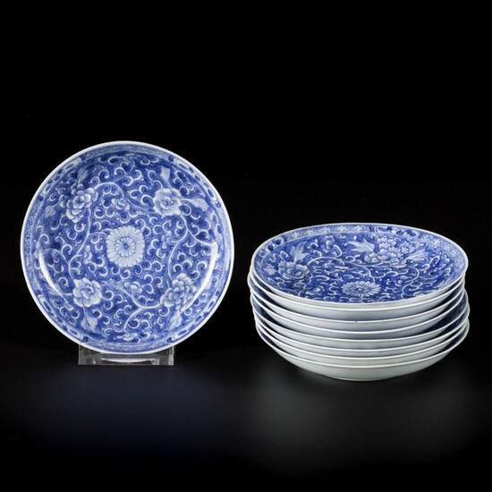 A set of (9) porcelain plates with floral decoration in reversed technique, China, Kangxi.