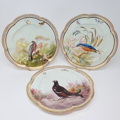 A set of seven 19th century cabinet plates, decorated birds ...