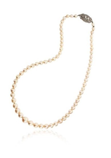 A single-row cultured pearl necklace, with a diamond-set...