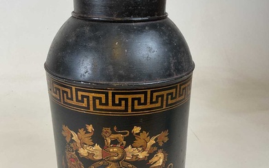 A toleware japanned tea canister with armorial painted to the...