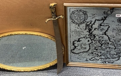 A vintage UK map mirror and an oval gilt mirror, map size 56 x 72cm, together with a cutlass.