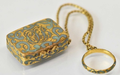 A yellow metal and turquoise enamel vinaigrette with pierced gilt...