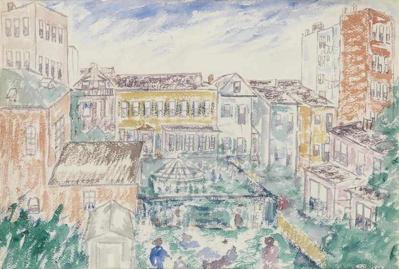 ABRAHAM WALKOWITZ Cityscape (Bird's Eye View). Watercolor on paper, circa 1905. 390x560 mm;...