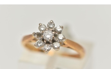AN 18CT GOLD DIAMOND CLUSTER RING, of a flower shape, set wi...