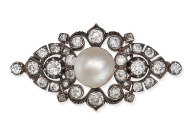 AN ANTIQUE NATURAL SALTWATER PEARL AND DIAMOND BROOCH in yellow gold and silver, set to the centre