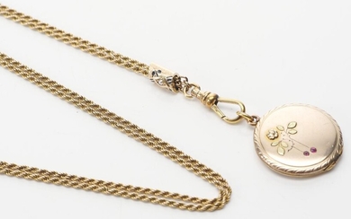AN ANTIQUE PASTE SET LOCKET TO A SLIDE CHAIN IN GOLD LINING, LENGTH 120CMS