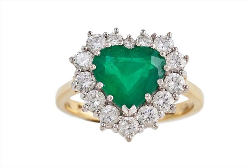 AN EMERALD AND DIAMOND HEART SHAPED CLUSTER RING, the heart ...