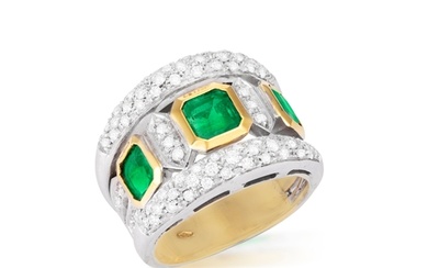 AN EMERALD AND DIAMOND RING Of bi-coloured design, the open...