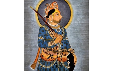 AN EXTREMELY FINE LARGE PORTRAIT OF A RULER ON CLOTH, DEOGAR...
