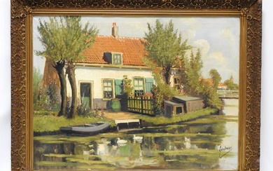 Adrianus VERVEEN (1912-1988) Maison près du canal. Huile sur toile. Signée en bas à droite....