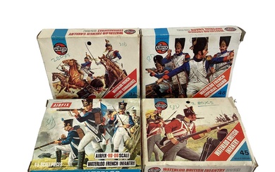 Airfix OO Scale Waterloo soldiers (x4), Revell 1:72 Scale Cowboys & Indians (x3), German & US Infantry & Imex Wagons (x2), all boxed (11total)