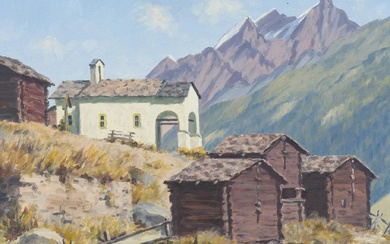 Albert DUPLAIN (1890 - 1978), 'Chapelle de Blatten "Maria Rosenkranzkönigin"et le massif de Mischabels' huile sur toile