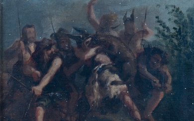 Alexandre CABANEL (1823-1889). Etude de guerriers gaulois attaqués par un loup. Huile sur toile découpée...