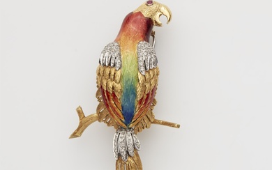 An 18k gold enamel and diamond parrot brooch.