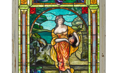 An American Framed Painted, Stained and Leaded Glass Window