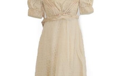 A19th Century Cream Silk Short Sleeve Dress woven with leaves,...