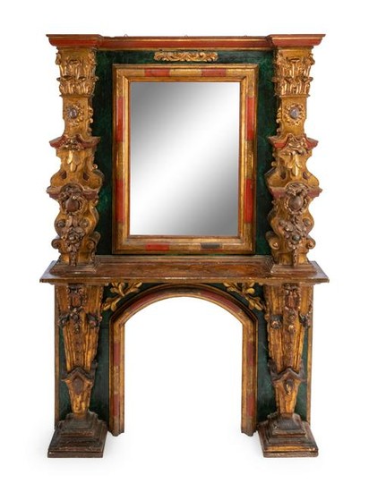 An Italian Painted and Parcel Gilt Fireplace Mantel